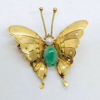 Vintage 14k Yellow Gold Green Jade & Pearl Butterfly Pin