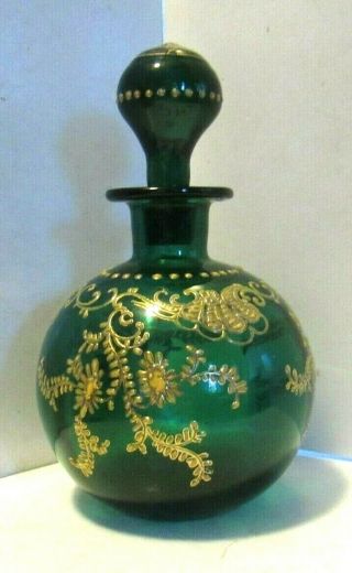 Victorian Era Dark Green Glass,  Gilded Deco On A Perfume Scent Bottle