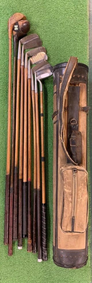 Antique Hickory Wood Shaft Golf Clubs And Vintage Stovepipe Leather Bag