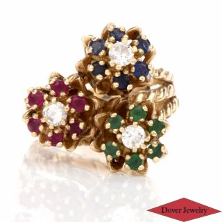 Vintage Diamond Ruby Sapphire Emerald 14k Gold Floral Cocktail Ring 10.  8 Gramsnr