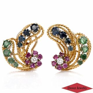 Vintage Diamond Ruby Sapphire Emerald 14k Gold Floral Earrings 10.  7 Grams Nr