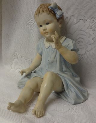Antique Big Large Bisque Piano Baby Girl In Blue Dress Figurine Bottom Mark