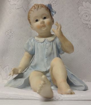 Antique Big Large Bisque Piano Baby Girl in Blue Dress Figurine Bottom Mark 3