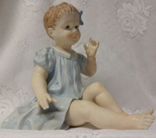 Antique Big Large Bisque Piano Baby Girl in Blue Dress Figurine Bottom Mark 4