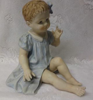 Antique Big Large Bisque Piano Baby Girl in Blue Dress Figurine Bottom Mark 5