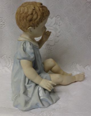 Antique Big Large Bisque Piano Baby Girl in Blue Dress Figurine Bottom Mark 6