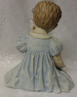 Antique Big Large Bisque Piano Baby Girl in Blue Dress Figurine Bottom Mark 7