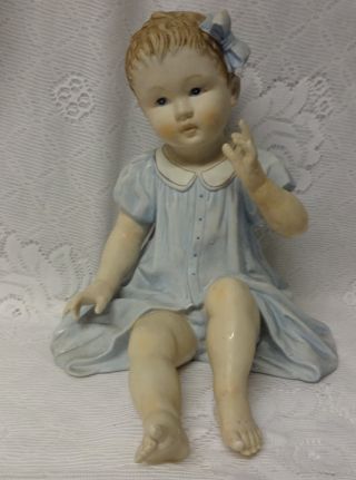 Antique Big Large Bisque Piano Baby Girl in Blue Dress Figurine Bottom Mark 9