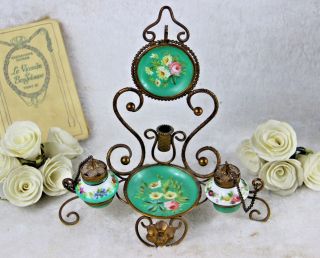 Rare Antique Vieux Paris Floral Porcelain Plates Inkwell Brass Art Nouveau Frame
