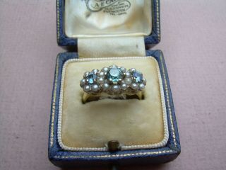 Antique Victorian 18ct Gold Natural Aquamarine 3 Stone & Pearl Ring Size N 1/2.