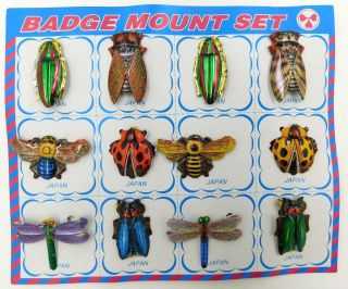 12 Vintage Japanese Tin Insect Novelty Badges On Card - C