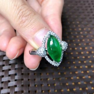 Chinese S925 Silver & Green Jadeite Jade Horse Eye Shape Handwork No.  7.  5 - 12 Ring