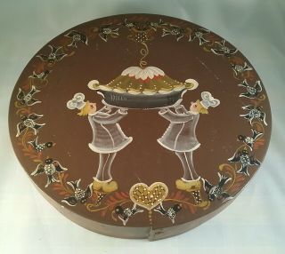 Wooden Round Box With Lid - Hand - Painted Folk Art Bakers Pie Black Birds Hearts