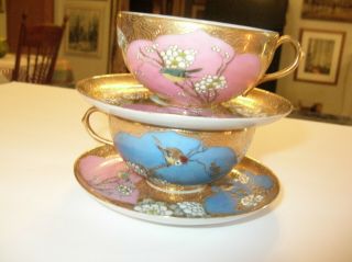 Vintage Japan Eggshell Porcelain Hand Painted Birds Gilt Tea Cups.  Pretty Colors