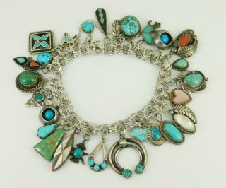 Southwestern Sterling Silver Fully Loaded Turquoise Charm Bracelet 7.  5 " Long