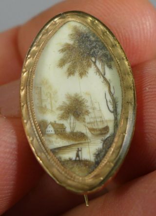 Fine Rare Antique Georgian Hand Painted Mourning Brooch Gold Naval? Af