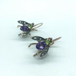 Vintage Fly Bee Earrings Of Amethyst Peridot Diamond Gold,  Suffragette Colours
