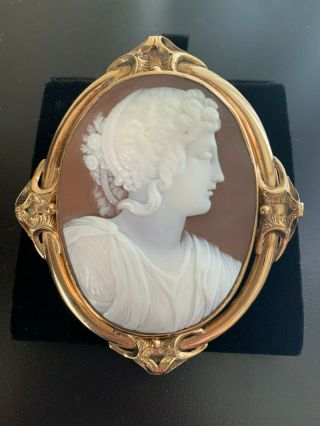 Xx - Tra Fine Large Antique Carved Shell Cameo Brooch Of Flora In 14k Gold Frame