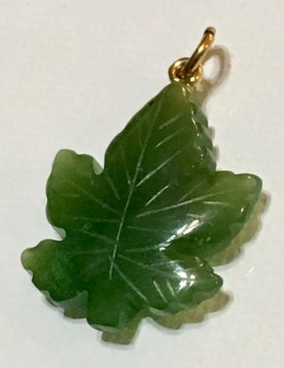 Vintage Nephrite Green Jade Hand Carved Etched Maple Leaf Pendant Charm
