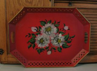 Vtg Red Tole Serving Tray Nashco Products Hand Painted Flowers Metal 15x20