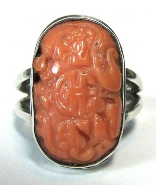 Antique Vintage Deco Sterling Silver Chinese Carved Chop Salmon Coral Ring S9.  75