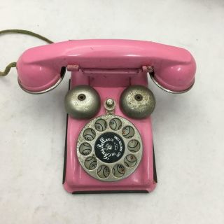 CUTE Vintage Pink Pressed Steel Toy Telephone GONG BELL MFG CO East Hampton CT 2