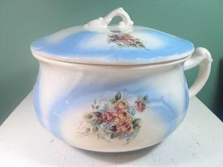 Antique Victorian Ironstone Floral Chamber Pot With Lid Blue & White