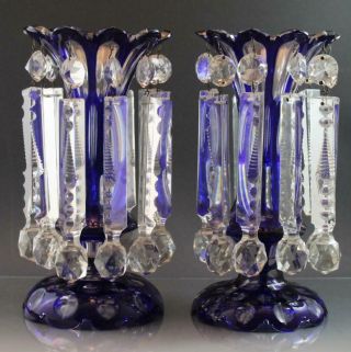 Pr 19c Antique Bohemian Cobalt Cut To Clear Glass Lusters W/ Extra Large Prisms