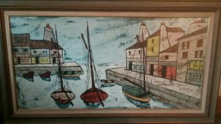Vintage Signed Oil Painting Harbor By A.  Villard