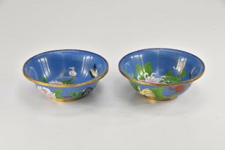 Pair (2) - Vintage - Chinese Cloisonné - Blue Flower & Bird - Bowls - A596