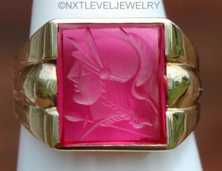 Antique Art Deco Hand Carved Ruby Intaglio 10k Solid Gold Men ' s Wax Seal Ring 2
