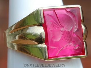 Antique Art Deco Hand Carved Ruby Intaglio 10k Solid Gold Men ' s Wax Seal Ring 3