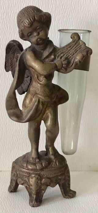 Vintage Bronze Brass Gold Tone Winged Cherub Angel Statue Small Glass Bud Vase