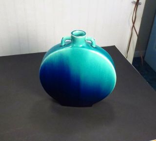 Vintage Signed Chinese Blue Aqua Drippy Glaze Mid Century Modern Pottery Vase