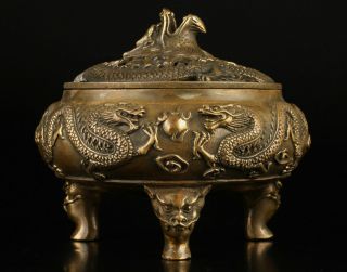 Old Handmade Exquisite Brass Dragon Censer Incense Burner