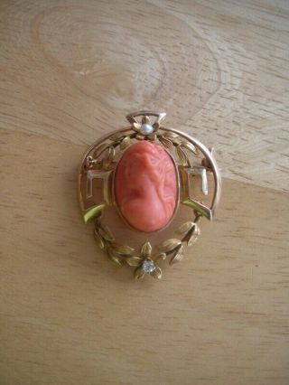 Antique Victorian 14k Gold Natural Red Salmon Coral Carved Cameo Brooch