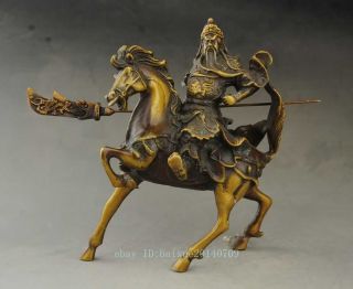 Chinese Brass Warrior Dragon Guan Gong Guanyu God Ride Jump Horse Statue E02