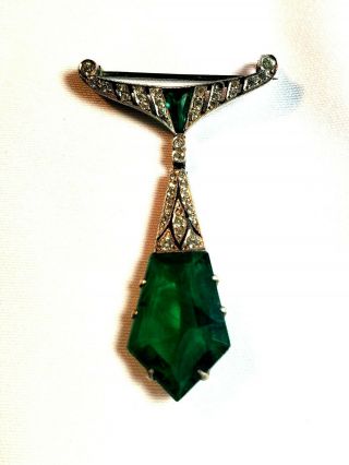 Antique Edwardian French Silver Paste Brooch W Drop Emerald Stone