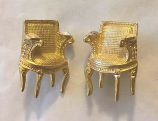 Vintage Rare Karl Lagerfeld Crystal Rhinestone Chair Gold Tone Clip On Earrings
