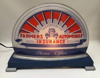 Vintage Farmers Insurance Auto Home Office Lamp Light Sign Cast Iron Base Glass