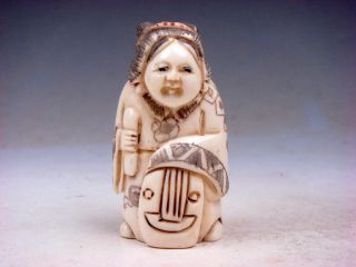 Bone Detailed Hand Carved Japan Netsuke Lady Musician Holds Instrument 04191920