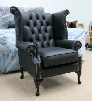 Georgian Chesterfield Queen Anne High Back Wing Chair Black Leather