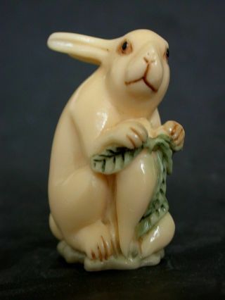 Japanese Ivory Color Bone Netsuke - This Rabbit Offers U White Turnip/carrot