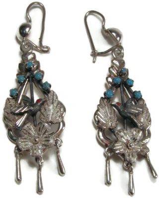 Antique Victorian Sterling Silver With Turquoise Beads Chandelier Bird Earrings