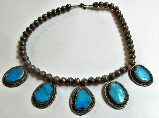 Navajo Vintage Old Pawn Sterling Silver Turquoise Pendant Necklace