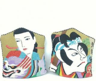 Vintage Samurai Geisha Pillows Handmade Needlework Crewel Cross Stitch Musashi