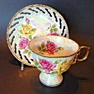 Pedestal Teacup And Reticulated Saucer - Yellow Pink Roses - Gold Rims - Japan