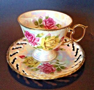 Pedestal Teacup And Reticulated Saucer - Yellow Pink Roses - Gold Rims - Japan 2