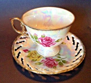 Pedestal Teacup And Reticulated Saucer - Yellow Pink Roses - Gold Rims - Japan 4