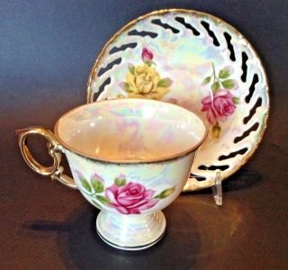 Pedestal Teacup And Reticulated Saucer - Yellow Pink Roses - Gold Rims - Japan 5